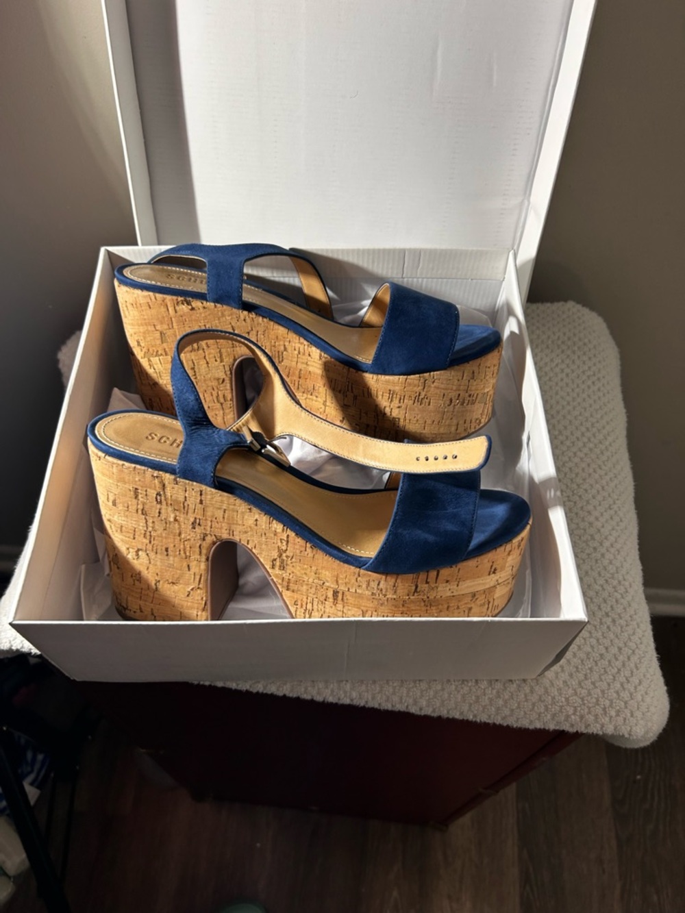 Schutz Sz 10 Blue Suede Cork Platform Sandals